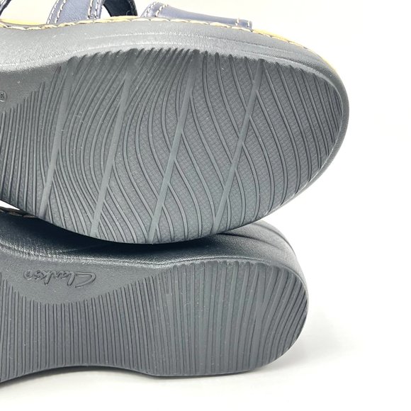 Clarks Size 11 Merliah Coral Navy Blue Leather Low Wedge Slip On Sandals Shoes - Picture 12 of 15